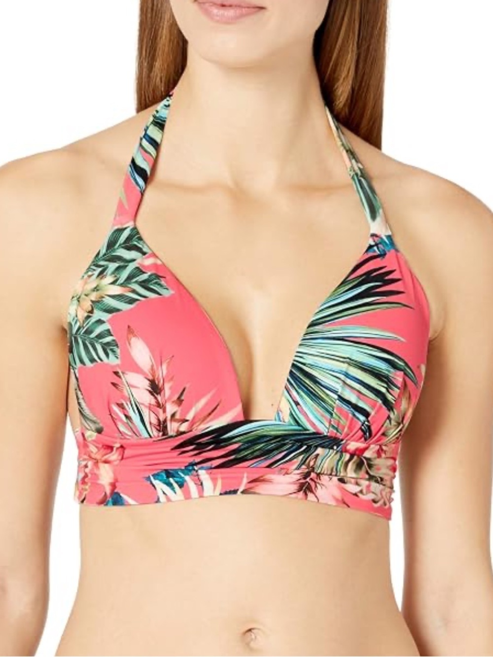 La Blanca Pink Tropical Halter Bikini Top V-Neck Summer Floral Size 14